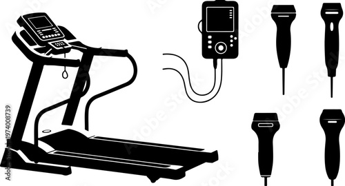 Medical Treadmill for Cardiac Stress Test and Professional Diagnostic Ultrasound System with Transducer Probes High Quality Minimalist Vector Silhouette for Healthcare Clinic Illustration.
