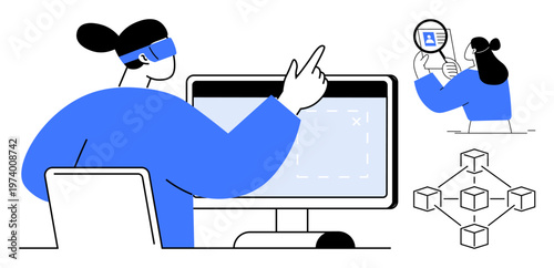 Virtual reality. Virtual reality used in data visualization and blockchain systems integration. Virtual reality enhancing digital workflows. Perfect for technology trends, innovation, blockchain, VR