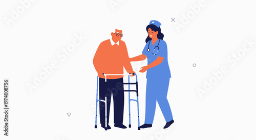 Nurse Assisting Elderly Man with Walker, Healthcare Support, Senior Care