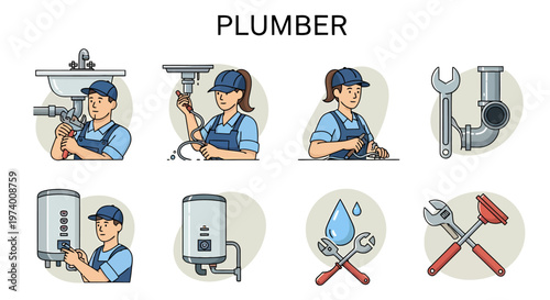 1 set of vector icons depicting Plumber with tools and equipment
