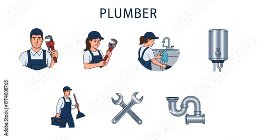 Modern Flat illustration of Plumber with tools and equipment