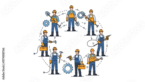 Industrial Circle of Labor: An illustration depicting a diverse group of tradespeople united in a circular formation, embodying collaboration and shared purpose in the world of industry.