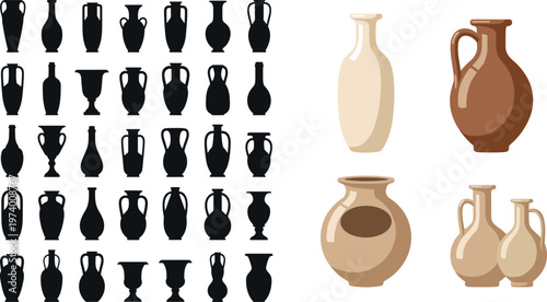 Minimalist Ceramic Vase Collection with Classic Pottery Shapes Silhouette Variations and Neutral Color Decorative Designs in Flat Vector Illustration Set