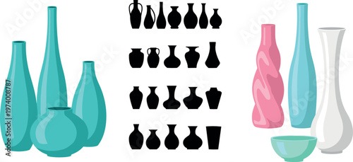 Modern Ceramic Vase Collection with Glossy Minimal Shapes Silhouette Variations and Contemporary Decorative Designs in Flat Vector Illustration Set