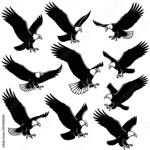 Several bald eagles flying together in the sky outdoors freely.