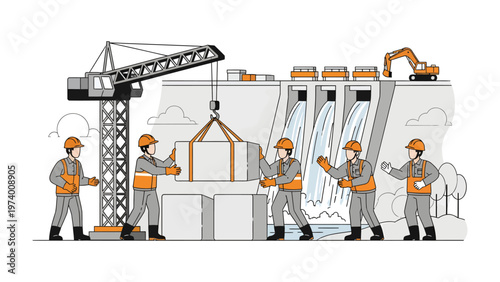 Constructing a Dam: A team of engineers and construction workers collaborates to build a modern dam, a testament to their engineering prowess and environmental stewardship.