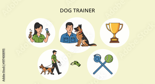 Illustration Set of Professional dog trainer with happy canine.
