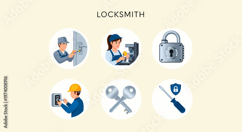 1 set of vector icons depicting Professional locksmith with tools and equipment 1.