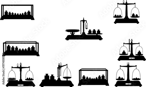 Vintage laboratory balance scale silhouette collection, antique medical apothecary weighing equipment, scientific chemical measuring tools, pharmacy pharmacy bottles in glass cases