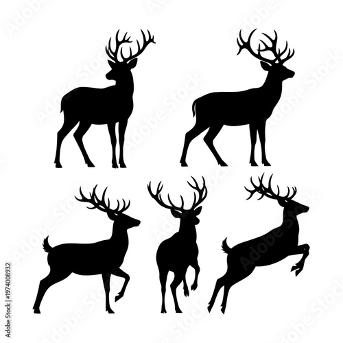 Deer silhouettes of five stags with antlers in various poses