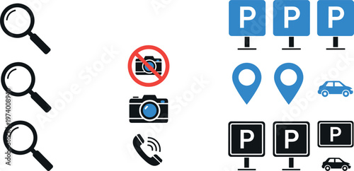 Search Camera Communication and Parking Icon Set with Magnifier No Photo Call Symbols Location Pins and Car Parking Signs Illustration Collection