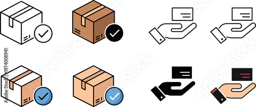 Package Verification and Delivery Confirmation Icon Set with Cardboard Boxes Check Marks and Hand Holding Parcel Symbols for Logistics Service Illustration
