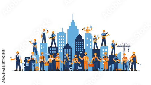 City Construction Crew: A vibrant illustration depicts a skilled construction crew diligently working to build a cityscape, embodying the essence of urban development and the spirit of craftsmanship.