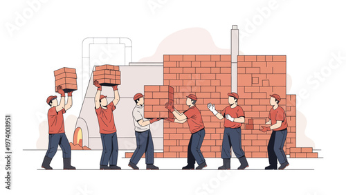 Constructing Together: Team of construction workers meticulously builds a brick wall, symbolizing collaboration and shared effort to construct.
