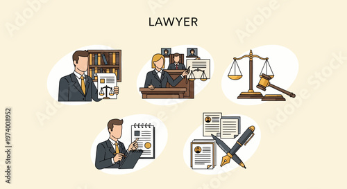 Illustration Set of Professional male lawyer in office.