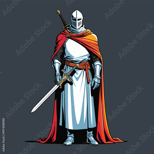 vector illustration of a knight wearing armor, robe and carrying a sword