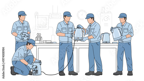 Electric Kettle Maintenance: A team of skilled technicians meticulously inspects and maintains electric kettles, showcasing expertise in appliance servicing. 