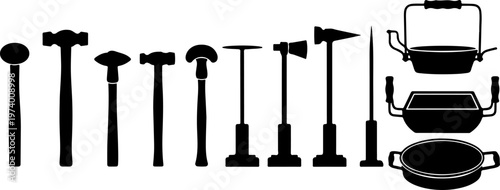 Vector Silhouette Collection of Professional Metalworking Tools Featuring Hammers Stakes and Traditional Anvils for Blacksmithing Metal Crafting and Industrial Workshop Graphic Design