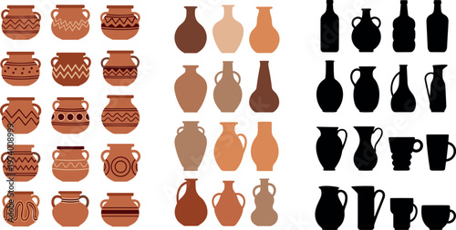 Traditional Ceramic Pottery Collection with Decorative Patterns Minimal Shapes and Kitchen Containers Silhouette Variations in Flat Vector Illustration Set