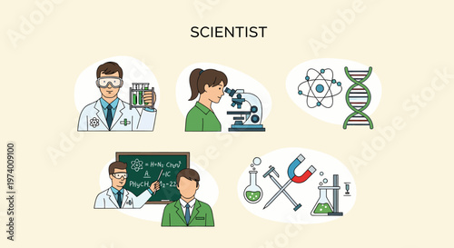 Illustration Set of Scientist in Laboratory Setting Working.
