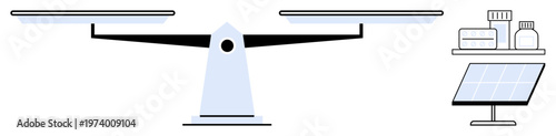 Sustainability, renewable energy, environmental health, clean technology, pharmaceutical alternatives, innovation. A balance scale with pills and solar panel. Sustainability and renewable energy