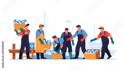 Fishermen at Work: A team of dedicated fishermen diligently work together on the docks, sorting a fresh catch of fish and preparing them for the market.