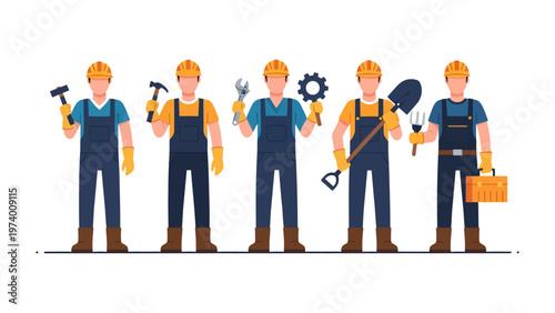 Construction Crew and Tools: A diverse team of construction workers stands tall, each brandishing a tool of their trade, signifying unity, skill.
