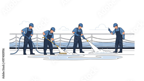Cleaning Crew at Work: A team of skilled workers, clad in blue uniforms, diligently clean a deck, meticulously using a water hose to cleanse the surface. 