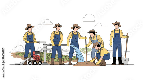Agricultural Collective: A group of farmers collaboratively manages irrigation and harvests a bountiful crop, highlighting teamwork in a fertile field.