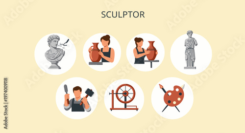 Modern Flat illustration of Sculptor at work with tools.