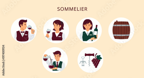 1 set of vector icons depicting Sommelier wine professional tasting expert 1.