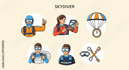 Modern Flat illustration of Skydiver in action with parachute gear.
