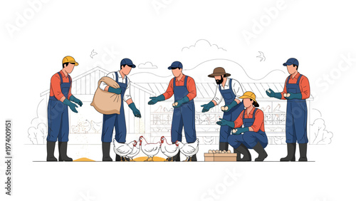 Farmers tending the flock: Dedicated farmhands diligently attend to the daily needs of their flock, nurturing the growth and well-being of the hens
