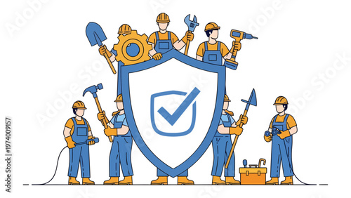Construction Workers and Safety Shield: A group of construction workers, equipped with various tools, stand united around a protective shield, symbolizing safety and security in their profession.