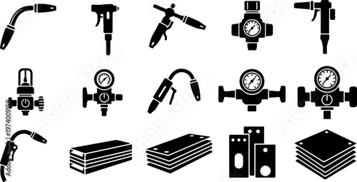 Set of professional welding equipment icons featuring MIG torches, gas pressure regulators, industrial valves, metal plates, steel sheets, and manufacturing tools for fabrication industry.