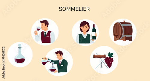Illustration Set of Sommelier wine professional tasting expert.