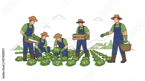 Harvesting Abundance: A team of dedicated farmers meticulously gather a bountiful harvest of fresh produce amidst a serene agricultural landscape.