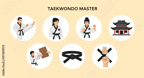 Modern Flat illustration of Taekwondo Master in Action Sequence.