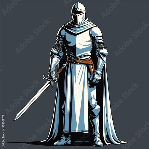 vector illustration of a knight wearing armor, robe and carrying a sword