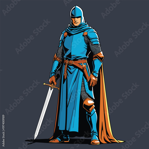 vector illustration of a knight wearing armor, robe and carrying a sword