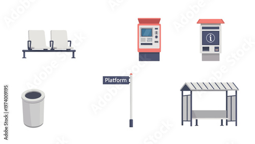 Flat Design Public Transport Station Elements Set: Bench, Ticket Machine, Info Kiosk, Trash Can, Platform Sign, Bus Stop