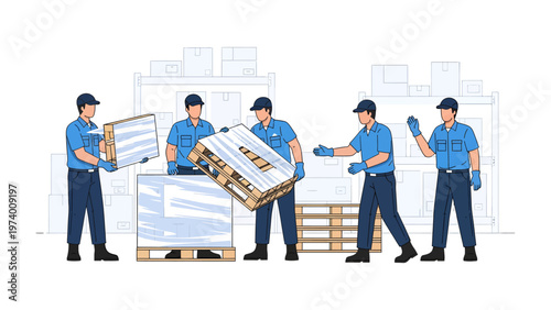 Pallet Workers: A team of diligent workers collaborates in a warehouse, carefully handling and organizing pallets for efficient logistics and distribution.