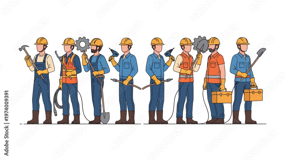 Fototapeta premium Construction Crew: A team of construction workers stand confidently, each showcasing their specific tools, symbolizing skill and teamwork in building structures. 