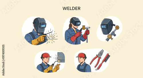 Modern Flat illustration of Welder wearing protective gear working.