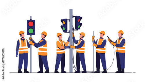 Constructing Signals: A dedicated team of workers meticulously installs a modern traffic light system, symbolizing the essence of modern urban infrastructure.