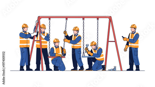 Construction Team Assembling Playground Swings: A construction crew is meticulously installing a new swing set, showcasing teamwork and dedication to ensuring recreational safety.
