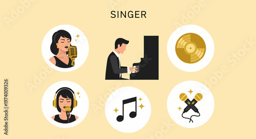 Modern Flat illustration of Woman singing into a microphone 1.