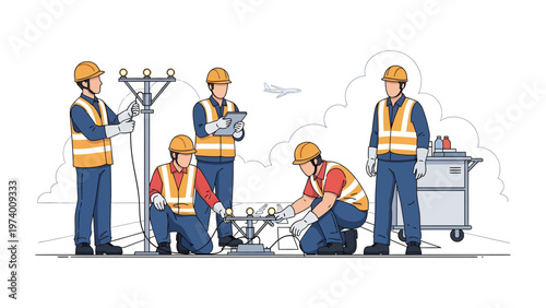 Aviation Technicians at Work: A team of skilled technicians meticulously inspects and maintains essential equipment on an airport runway, ensuring the safety and efficiency of air travel.