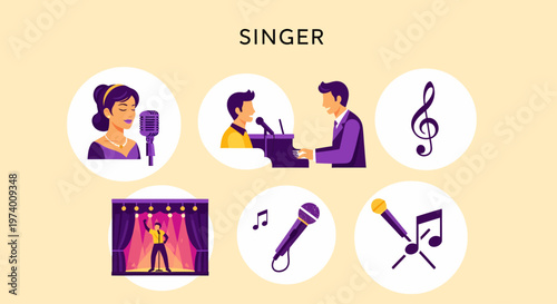 1 set of cartoon pictures depicting Woman singing into a microphone.