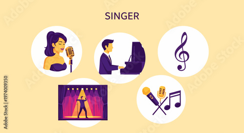 Modern Flat illustration of Woman singing with microphone on stage.
